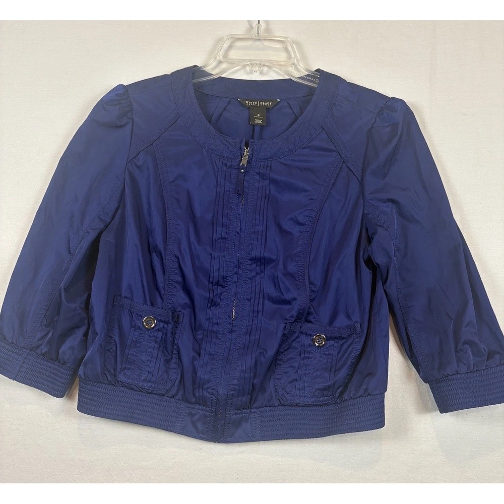 WHBM Women's Short Jacket Size 6 Blue Lightweight Zip Up Pockets 3/4 Sleeve